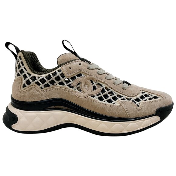 Chanel Beige Suede Interlocking CC Logo Sneakers - Picture 2 of 6